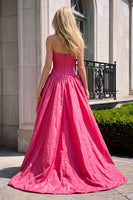 Load image into Gallery viewer, Corset Fuchsia Ruffled A Line Satin Strapless High-Low Prom Dress with Beading