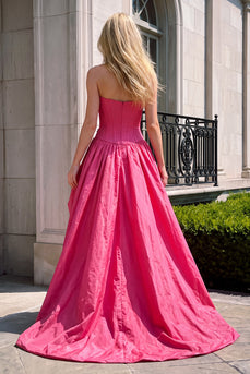 Corset Fuchsia Ruffled A Line Satin Strapless High-Low Prom Dress with Beading