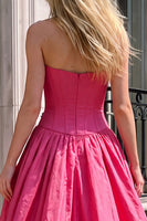Load image into Gallery viewer, Corset Fuchsia Ruffled A Line Satin Strapless High-Low Prom Dress with Beading