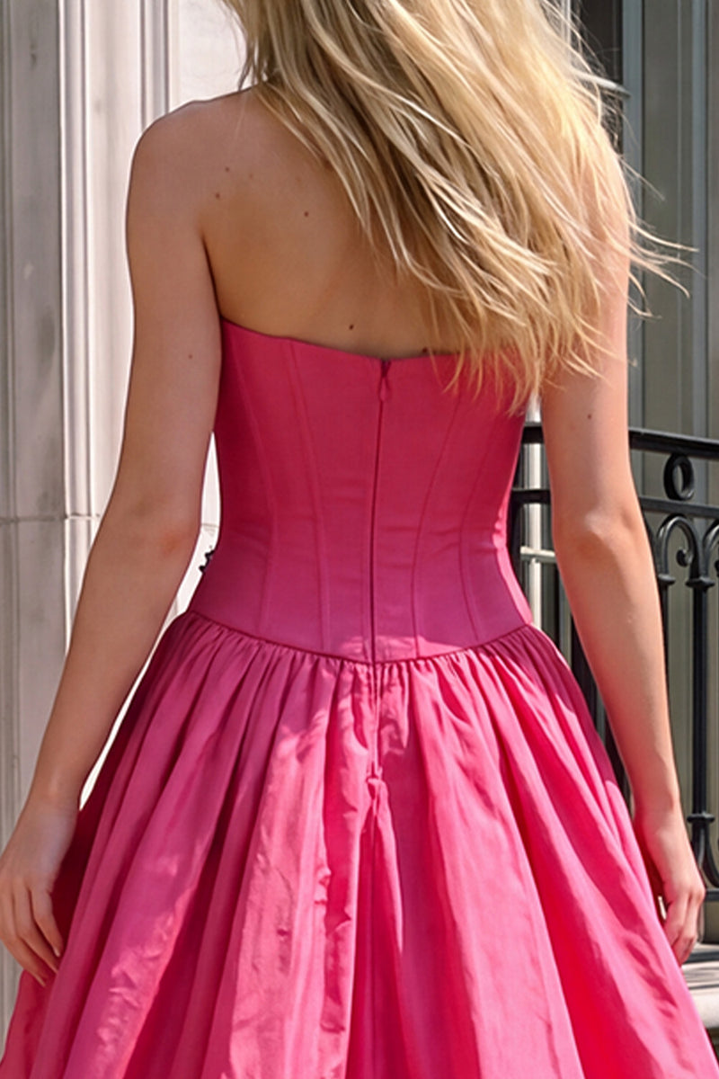 Load image into Gallery viewer, Corset Fuchsia Ruffled A Line Satin Strapless High-Low Prom Dress with Beading