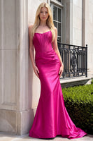 Load image into Gallery viewer, Fuchsia Mermaid Satin Corset Ruched Strapless Long Prom Dress
