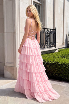 Sparkly Light Pink Ruffled Sweetheart Corset Long Prom Dress with Beading