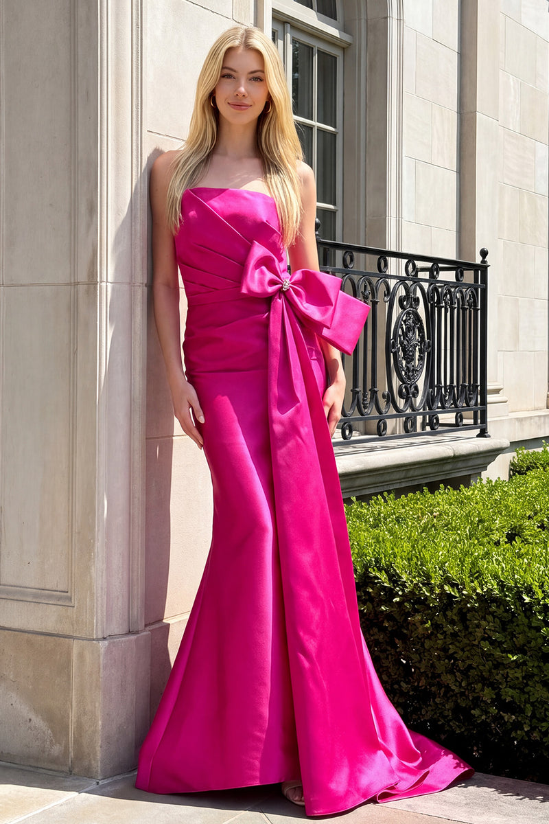 Load image into Gallery viewer, Ruched Fuchsia Mermaid Satin Strapless Long Prom Dress with Bow