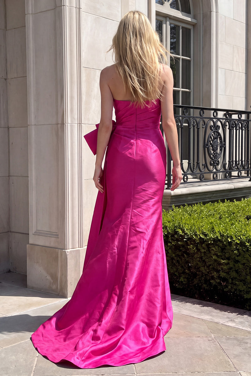 Load image into Gallery viewer, Ruched Fuchsia Mermaid Satin Strapless Long Prom Dress with Bow