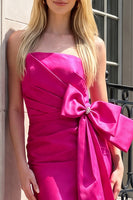 Load image into Gallery viewer, Ruched Fuchsia Mermaid Satin Strapless Long Prom Dress with Bow