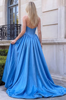 Load image into Gallery viewer, Sweetheart Sky Blue Satin A Line Corset High-Low Prom Dress with 3D Flower