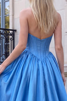 Load image into Gallery viewer, Sweetheart Sky Blue Satin A Line Corset High-Low Prom Dress with 3D Flower