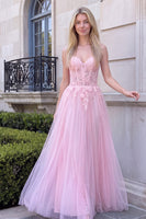 Load image into Gallery viewer, Floral Blush Pink Corset A-Line Long Prom Dress with Lace