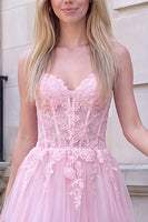 Load image into Gallery viewer, Floral Blush Pink Corset A-Line Long Prom Dress with Lace