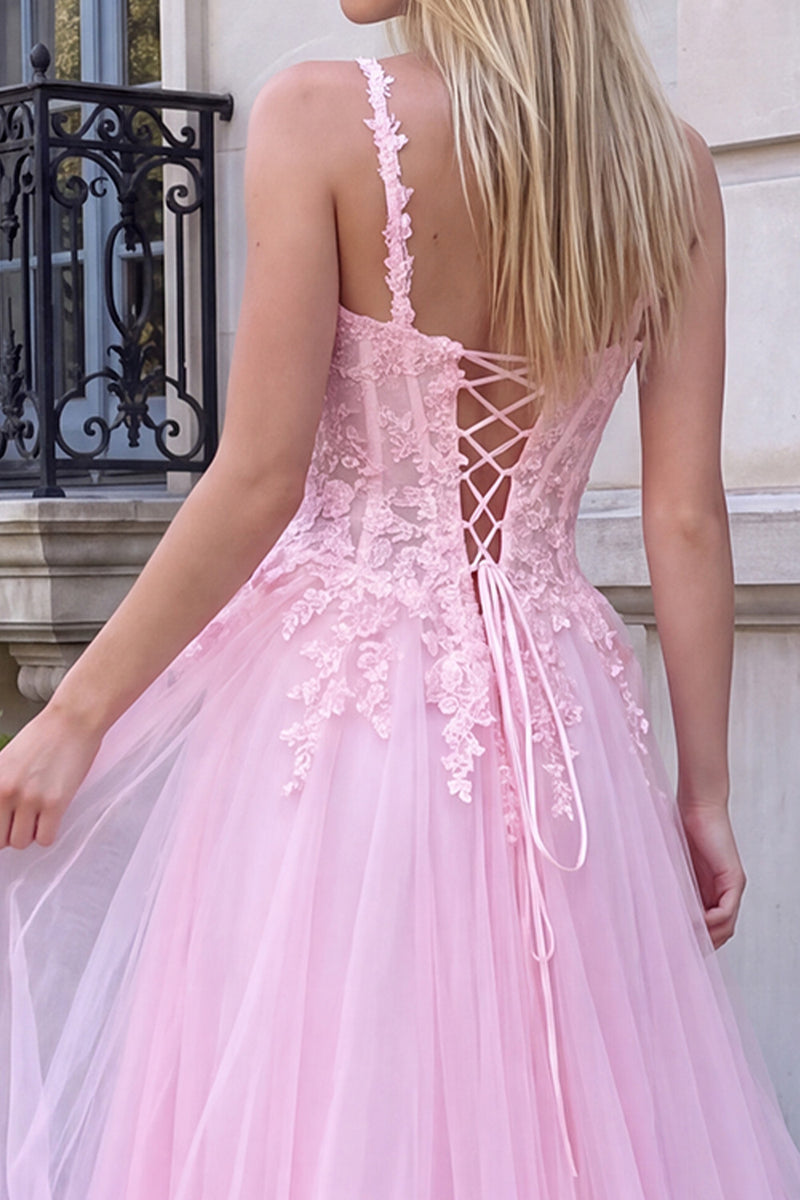 Load image into Gallery viewer, Floral Blush Pink Corset A-Line Long Prom Dress with Lace