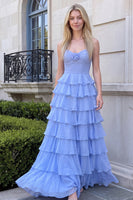 Load image into Gallery viewer, Ruffled Light Blue Sweetheart A-Line Long Prom Dress with 3D Flower