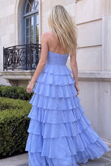 Ruffled Light Blue Sweetheart A-Line Long Prom Dress with 3D Flower