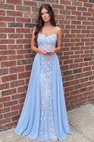 Load image into Gallery viewer, Blue Floral Strapless Long Prom Dress with Cape
