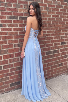 Blue Floral Strapless Long Prom Dress with Cape