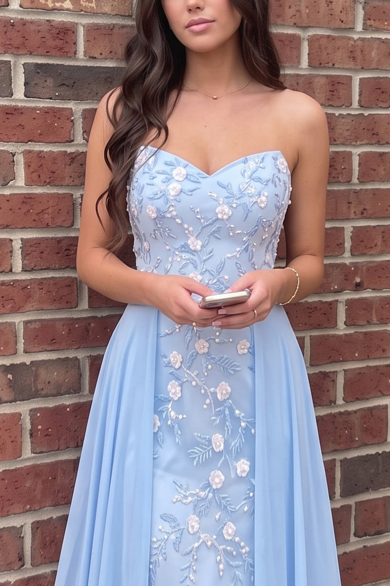 Load image into Gallery viewer, Blue Floral Strapless Long Prom Dress with Cape
