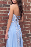 Load image into Gallery viewer, Blue Floral Strapless Long Prom Dress with Cape
