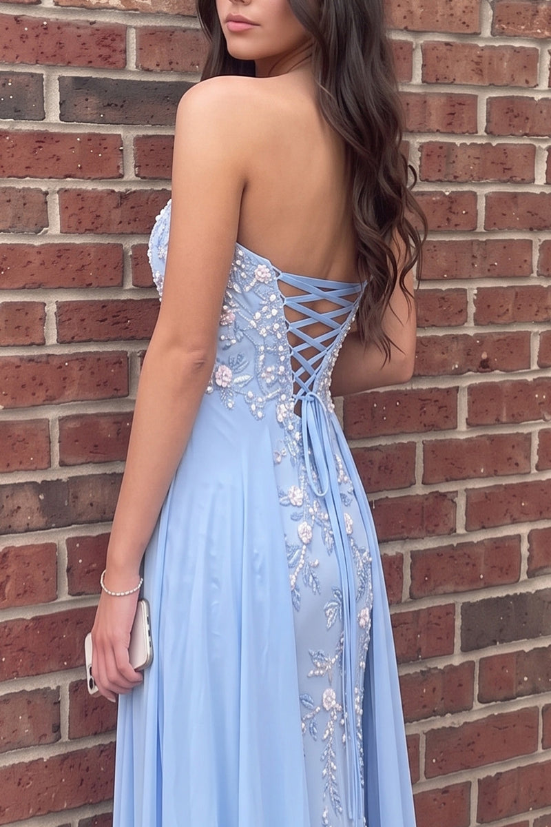 Load image into Gallery viewer, Blue Floral Strapless Long Prom Dress with Cape