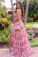 Load image into Gallery viewer, Pink Floral Print Spaghetti Straps A Line Ruffled High Low Prom Dress