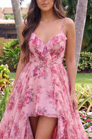 Load image into Gallery viewer, Pink Floral Print Spaghetti Straps A Line Ruffled High Low Prom Dress