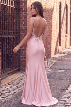 Sparkly Pink Mermaid Corset Floral Satin Long Prom Dress with Slit