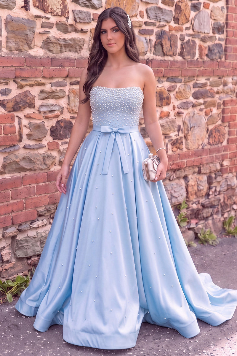 Load image into Gallery viewer, Sparkly Blue A Line Strapless Satin Long Prom Dress with Pearls