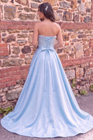 Load image into Gallery viewer, Sparkly Blue A Line Strapless Satin Long Prom Dress with Pearls