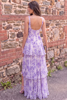 Fog Floral Ruffled Corset A Line Print Long Prom Dress with Slit