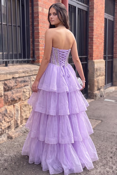 Sparkly Fog Ruched Corset A Line Ruffled Long Prom Dress with Slit