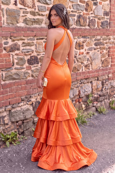 Tangerine Mermaid Halter Corset Ruched Ruffled Satin Long Prom Dress with Slit