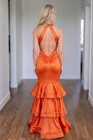 Load image into Gallery viewer, Tangerine Mermaid Halter Corset Ruched Ruffled Satin Long Prom Dress with Slit