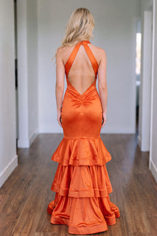 Tangerine Mermaid Halter Corset Ruched Ruffled Satin Long Prom Dress with Slit