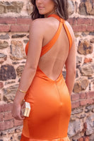 Load image into Gallery viewer, Tangerine Mermaid Halter Corset Ruched Ruffled Satin Long Prom Dress with Slit