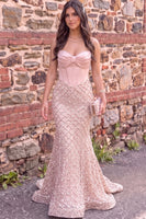 Load image into Gallery viewer, Sparkly Pink Mermaid Ruched Sweetheart Sequins Corset Long Prom Dress with Pearls