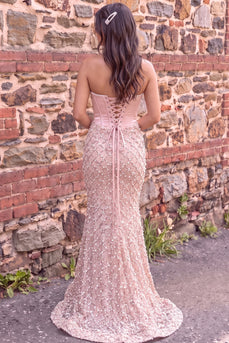 Sparkly Pink Mermaid Ruched Sweetheart Sequins Corset Long Prom Dress with Pearls