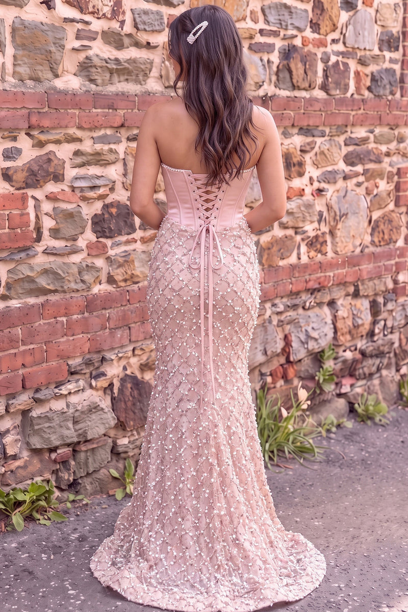 Load image into Gallery viewer, Sparkly Pink Mermaid Ruched Sweetheart Sequins Corset Long Prom Dress with Pearls