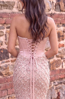 Load image into Gallery viewer, Sparkly Pink Mermaid Ruched Sweetheart Sequins Corset Long Prom Dress with Pearls
