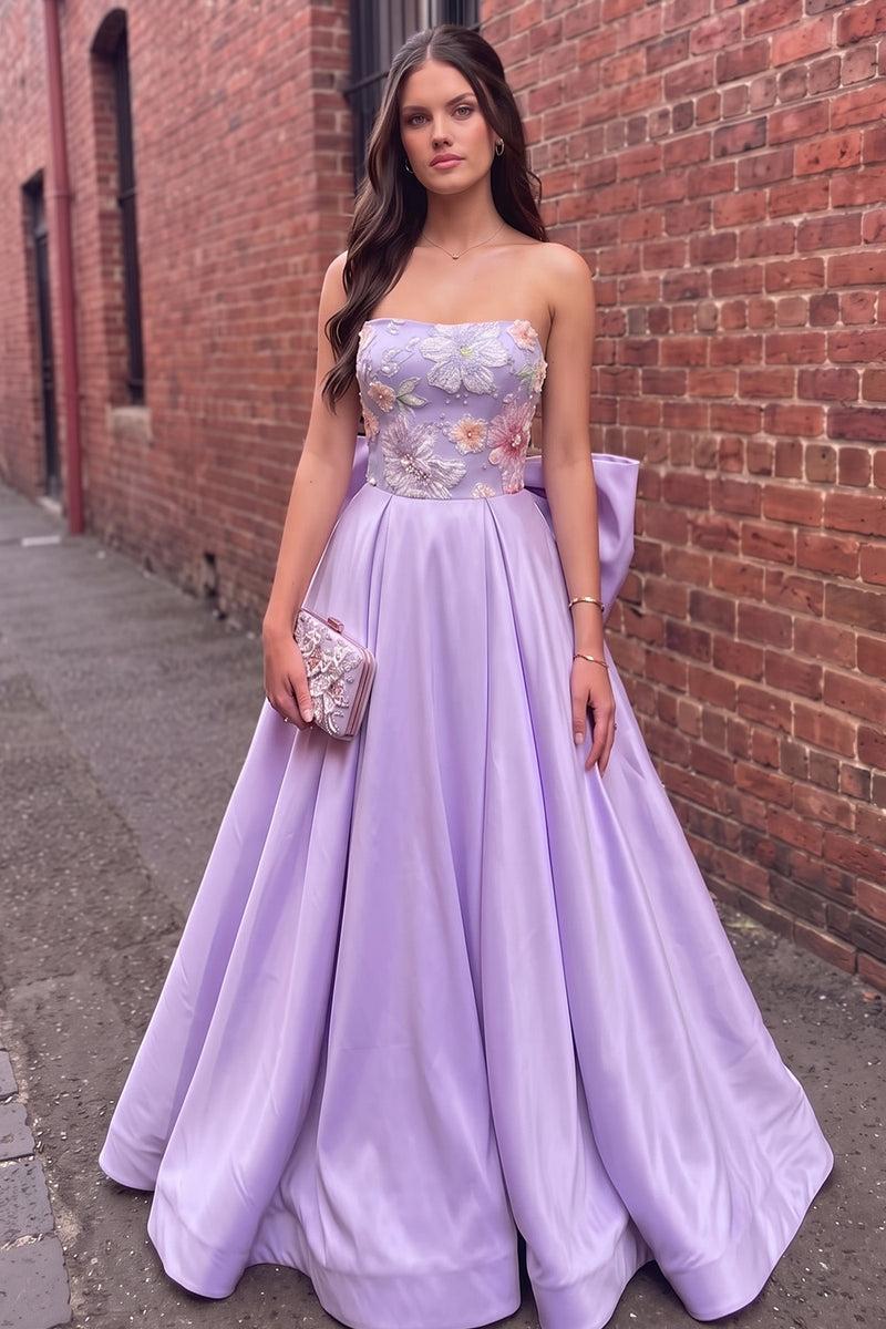 Load image into Gallery viewer, Fog Floral Beaded A Line Strapless Satin Long Prom Dress with Bow
