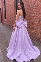 Load image into Gallery viewer, Fog Floral Beaded A Line Strapless Satin Long Prom Dress with Bow