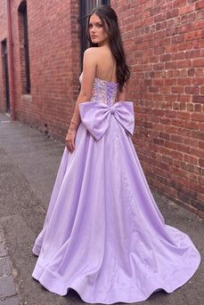 Fog Floral Beaded A Line Strapless Satin Long Prom Dress with Bow