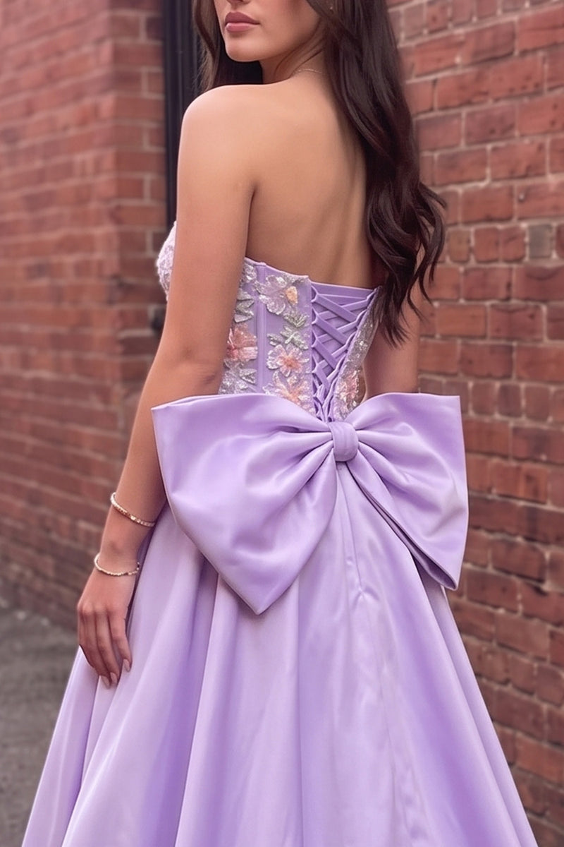 Load image into Gallery viewer, Fog Floral Beaded A Line Strapless Satin Long Prom Dress with Bow