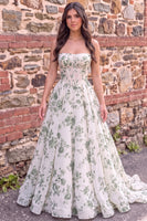 Load image into Gallery viewer, Green Floral Corset A Line Strapless Print Long Prom Dress