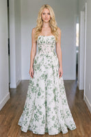 Load image into Gallery viewer, Green Floral Corset A Line Strapless Print Long Prom Dress