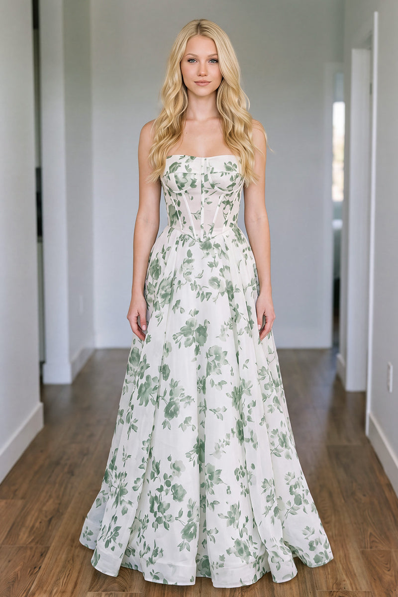 Load image into Gallery viewer, Green Floral Corset A Line Strapless Print Long Prom Dress