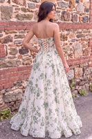 Load image into Gallery viewer, Green Floral Corset A Line Strapless Print Long Prom Dress