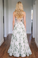 Load image into Gallery viewer, Green Floral Corset A Line Strapless Print Long Prom Dress