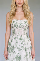 Load image into Gallery viewer, Green Floral Corset A Line Strapless Print Long Prom Dress
