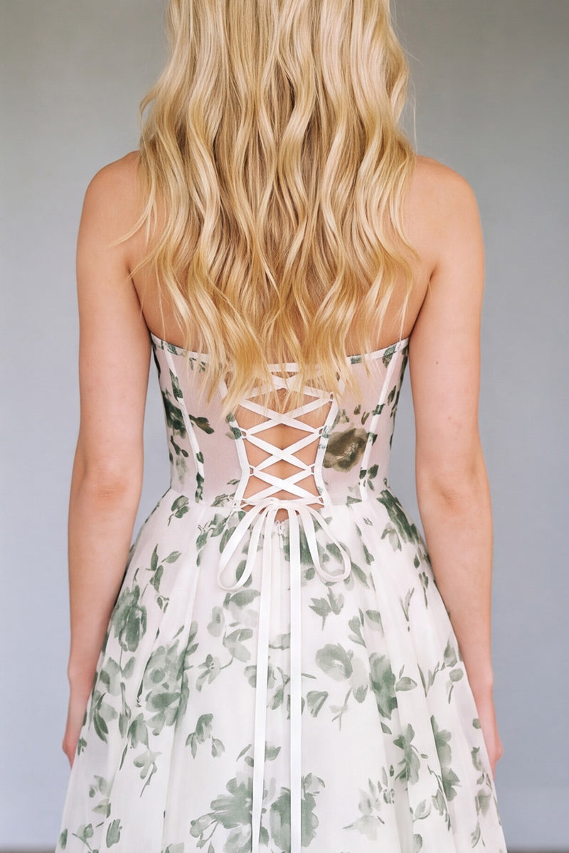 Load image into Gallery viewer, Green Floral Corset A Line Strapless Print Long Prom Dress