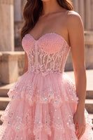 Load image into Gallery viewer, Ruffled Sparkly Pink Corset Sweetheart Beaded Long Prom Dress with Sequins