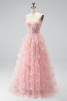 Load image into Gallery viewer, Ruffled Sparkly Pink Corset Sweetheart Beaded Long Prom Dress with Sequins