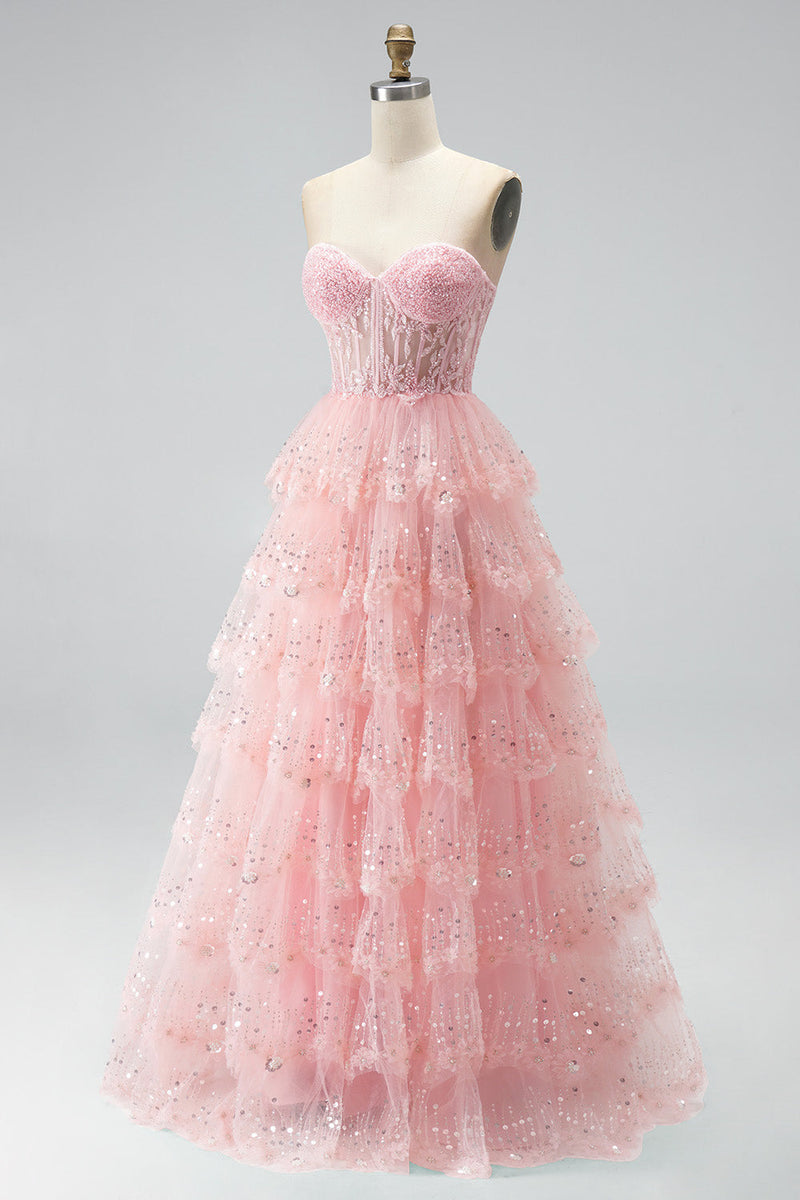 Load image into Gallery viewer, Ruffled Sparkly Pink Corset Sweetheart Beaded Long Prom Dress with Sequins